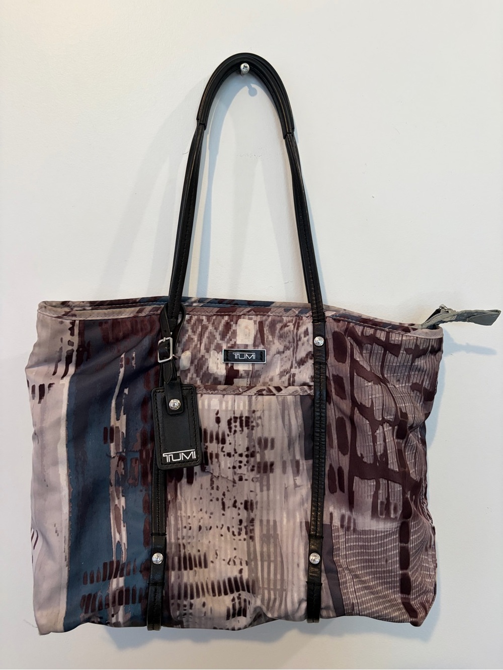Tumi Abstract Pattern Nylon Tote in Black, Gray, Brown